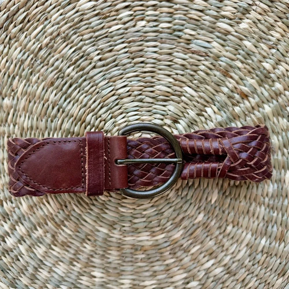 Gap Womens Brown Woven Leather Braided Belt Small Brass D-Ring Buckle Boho 40in